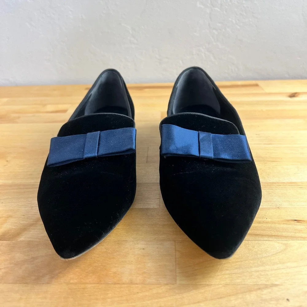 Tory Burch Loafers Gigi Navy Blue Velvet Bow Pointed Toe Slip On Flats Shoes 7.5